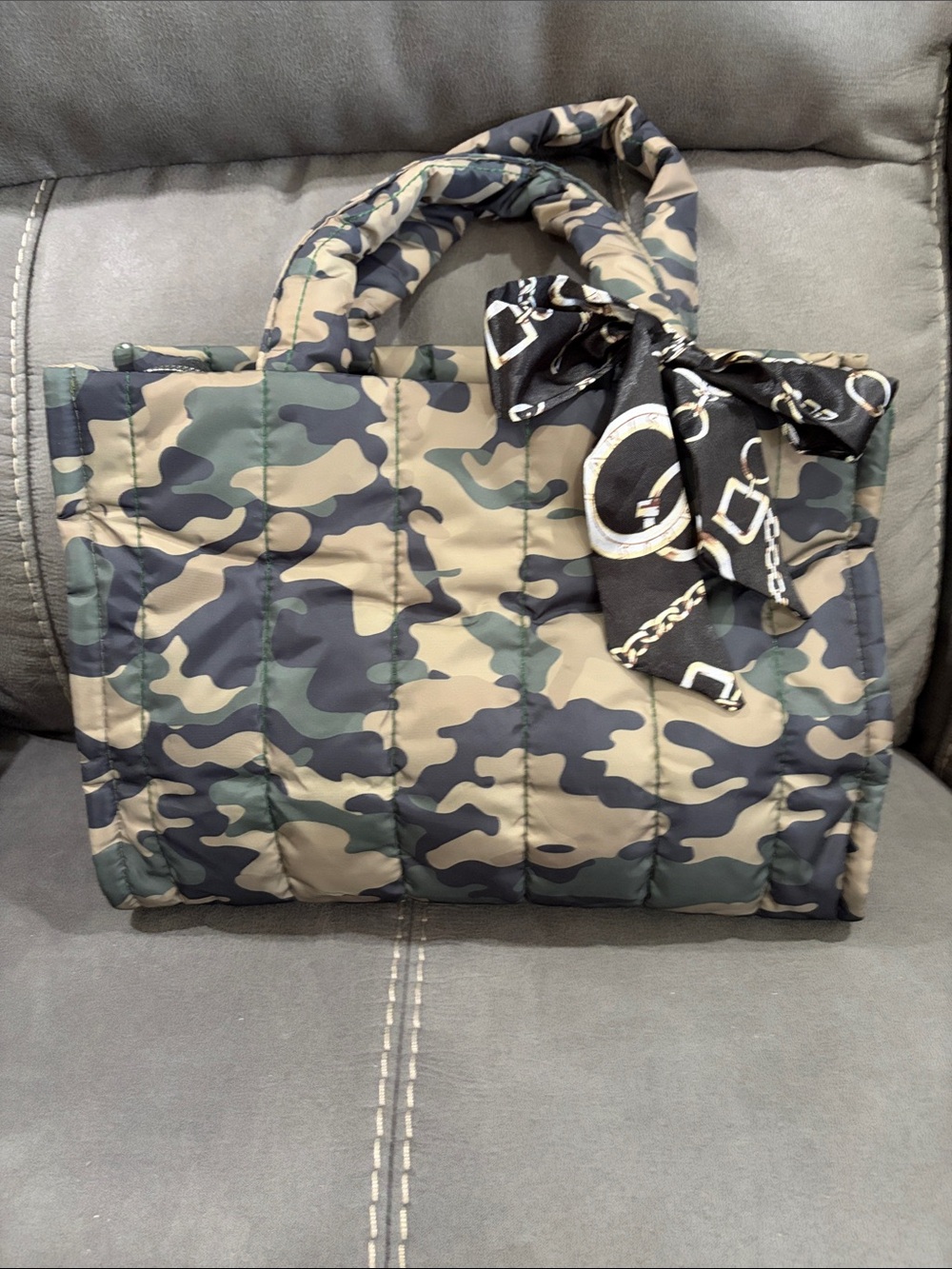 Camouflage Quilted Tote Bag with Decorative Bow